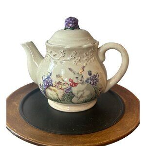 Easter Treasures Teapot by Cracker Barrel Bunny Rabbit Lilacs Porcelain Read*